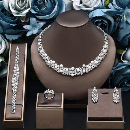 High Quality Zirconia Pearls 4pcs Jewellery Necklace Set Prom Wedding Jewelry Set Bridal Party Accessories