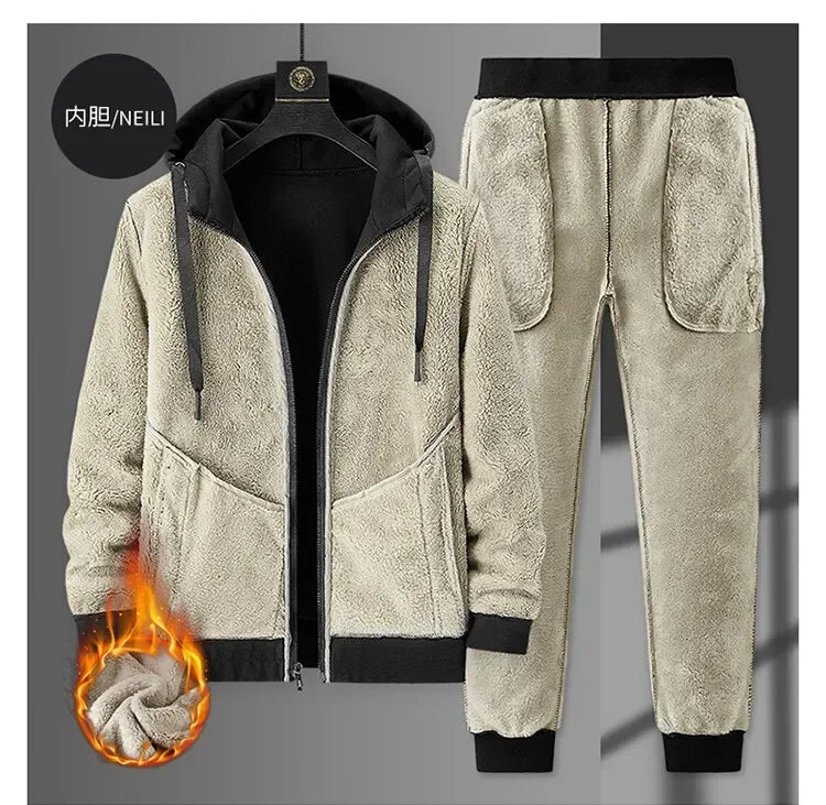 Men's Sets Jacket + pant Warm Fur Winter Sweatshirt Cashmere Tracksuit Men's Sets Fleece Thick Hooded Brand Casual Track Suits