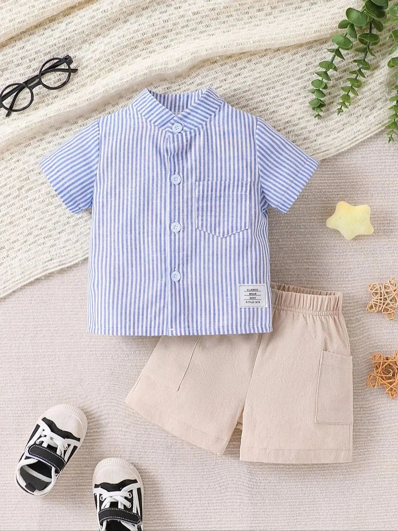 2-piece set of fashionable casual striped short sleeved shirt and breathable practical shorts for baby boys, summer