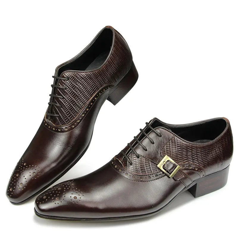 Genuine Leather Brogue Shoes Formal Oxford Lace-up  Dress Shoes Handcrafted Male Business Office Man Side Metal Buckl