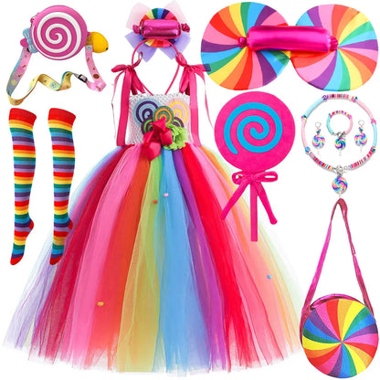 2026 New Candy Dress For Baby Girl Purim Carnival Birthday Costume Fancy Rainbow Short Sleeve Cute Dress + Accessories Set
