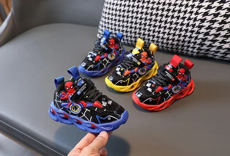 Disney Children's Sneakers Boys Cartoon Spiderman Led Light Sport Shoes Student Shoes Hook Anti-slip Kids Outdoor Shoes