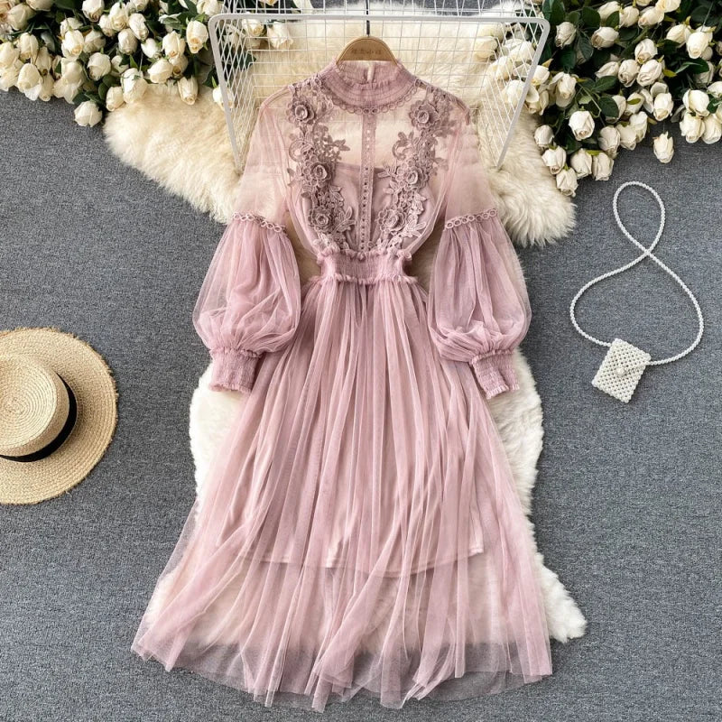 New Lace Flower Mesh Dress Summer Lantern Sleeve White Long Dresses For Women Party Vintage Elegant Dress 2 Piece Sets 12041