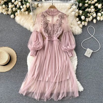 New Lace Flower Mesh Dress Summer Lantern Sleeve White Long Dresses For Women Party Vintage Elegant Dress 2 Piece Sets 12041