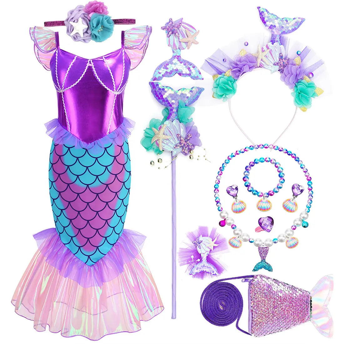Blue Red Purple Three Colors Mermaid Flying Sleeve Fishtail Beautiful Dress For Girl Summer Beach Party Cool Swimsuit Set