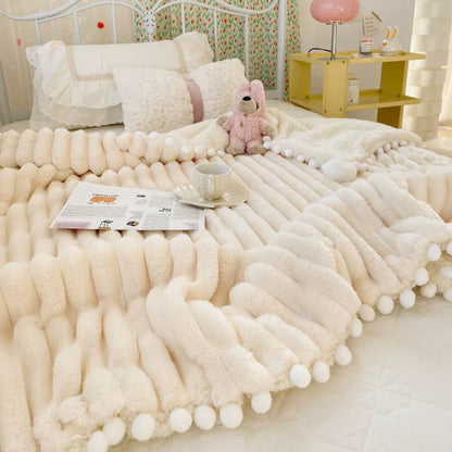 Solid Color Striped Fluffy Blanket Milk Velvet Soft Blanket with Cute Pompoms 3D Stereo Craft Travel Warm Bedding All Season