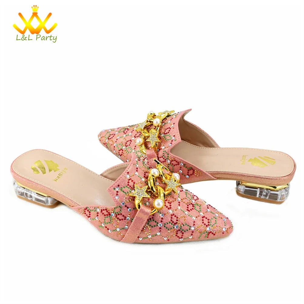 Low Heels Comfortable Sweet Style Italian Design Shoes Matching Bag Set in Orange Color High Quality with Crystal for Dress