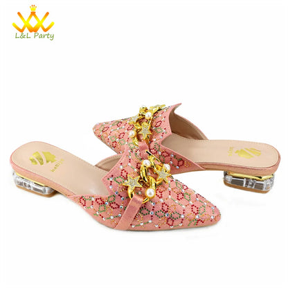 Low Heels Comfortable Sweet Style Italian Design Shoes Matching Bag Set in Orange Color High Quality with Crystal for Dress