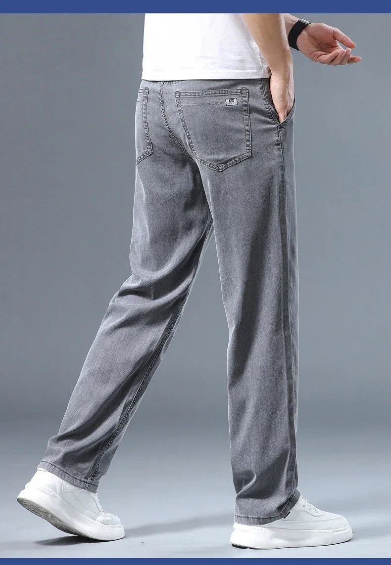 Summer Thin Men's Loose Straight Jeans Lyocell Soft Drape Business Casual Trousers Classic Smoke Gray Brand Ice Silk Pants