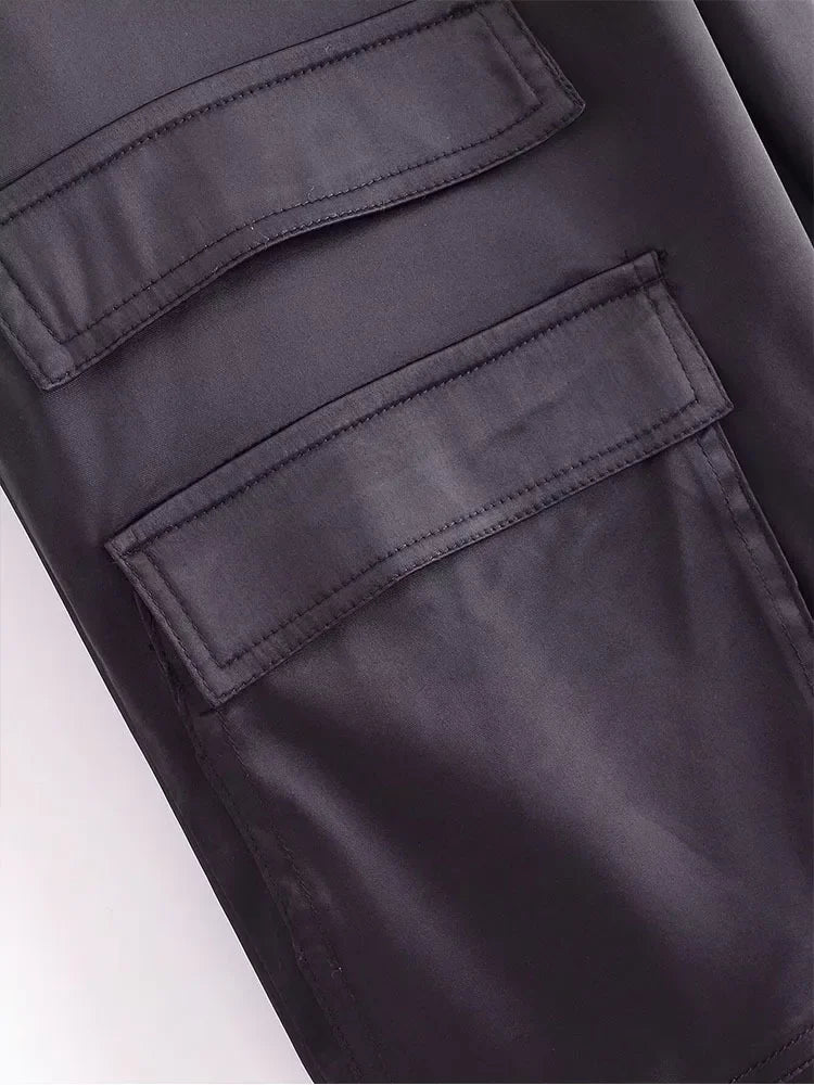 Women Fashion with Pockets Versatile High-waist Slim Multi-pocket Silk Satin Texture Straight Overalls