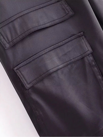 Women Fashion with Pockets Versatile High-waist Slim Multi-pocket Silk Satin Texture Straight Overalls