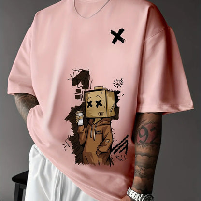 Men's 100% pure cotton fashionable casual sports loose trendy doll graffiti printed round neck short sleeved T-shirt top