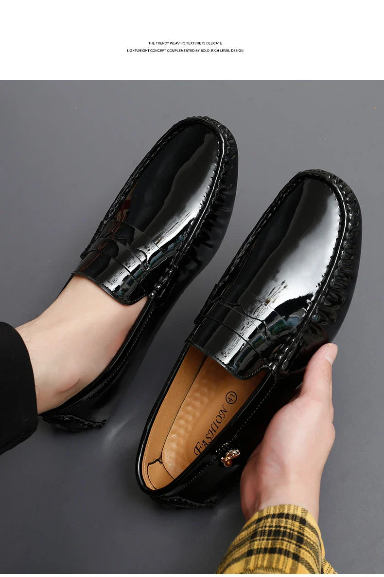 Patent Leather Beanie Shoes Men's New Spring and Summer Large Size Patent Leather Casual British Leather Shoes Women's Slip-On Lazy Casual Shoes Handmade Shoes