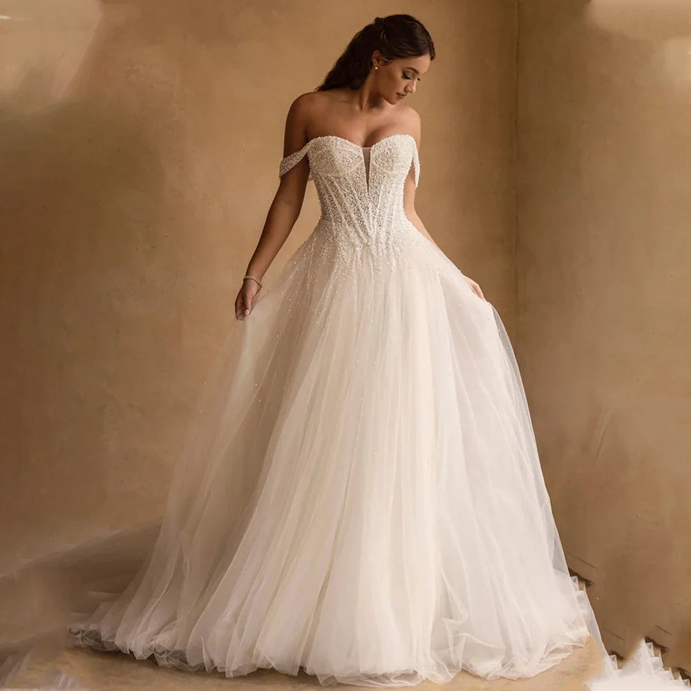 Shiny Beaded Sequined Sweetheart Tulle A Line Wedding Dresses Custom Made Bridal Grown 2025 Vestido De Noival