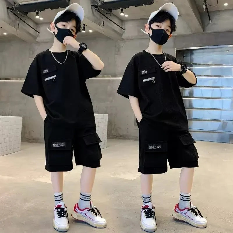 Summer Kids Boys T-Shirt+Shorts 2-Piece Set Letter Printing New Children Teen Loose Comfortable Sports Casual Clothes For 4-14 Y