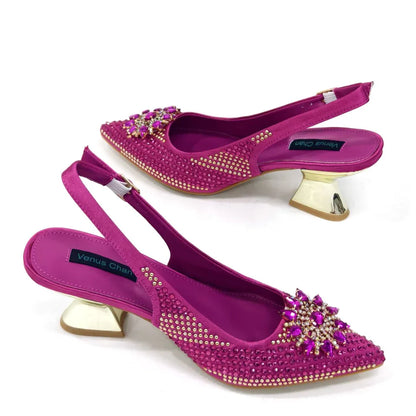 Specials Italian Women Heels Shoes and Bag Set Royal Purple Color Comfortable With Rhinestone for Party