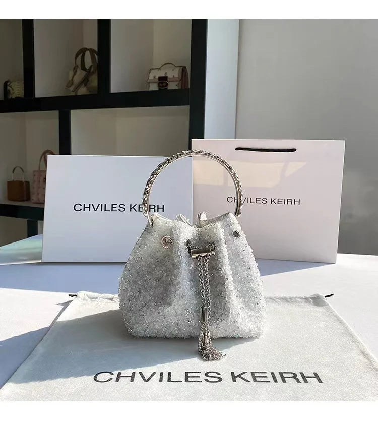 Luxury Designer Purple Stones Evening Clutch Bag Wedding Party Bucket Purse Metal Handle Women's Handbag Shoulder Messenger Bag