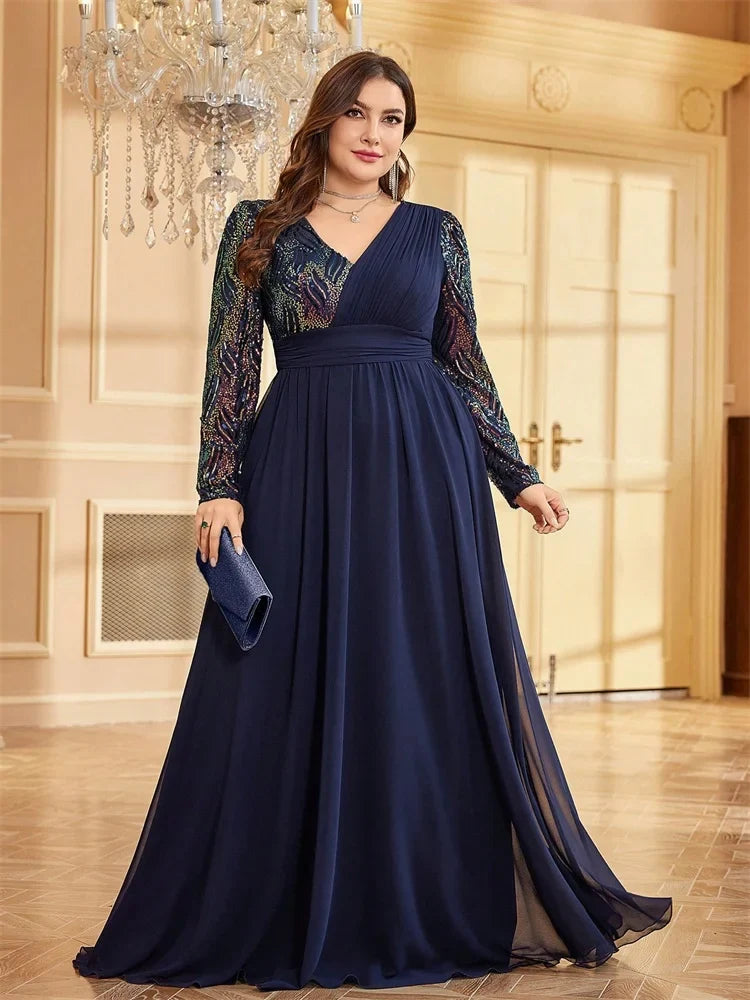 Vestidos de Noite Luxuosos Plus Size de Chiffon Manga Comprida Feminino Lantejoula Vermelho Festa Casamento Coquetel Formatura Comprimento Longo