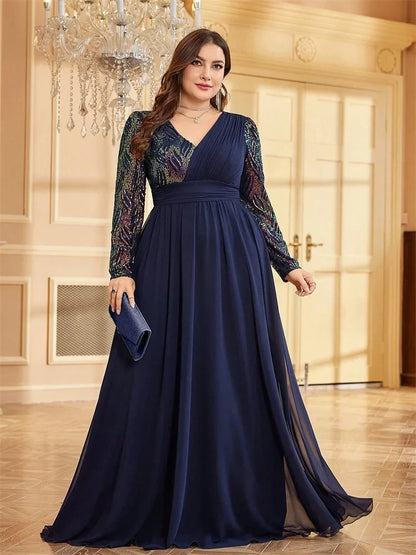 Vestidos de Noite Luxuosos Plus Size de Chiffon Manga Comprida Feminino Lantejoula Vermelho Festa Casamento Coquetel Formatura Comprimento Longo