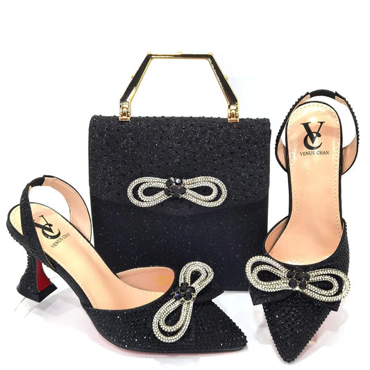 Style Rhinestone Bow Side Empty Party High Heels Pointed Toe Stiletto Heels Silver Women's Shoes And Bags