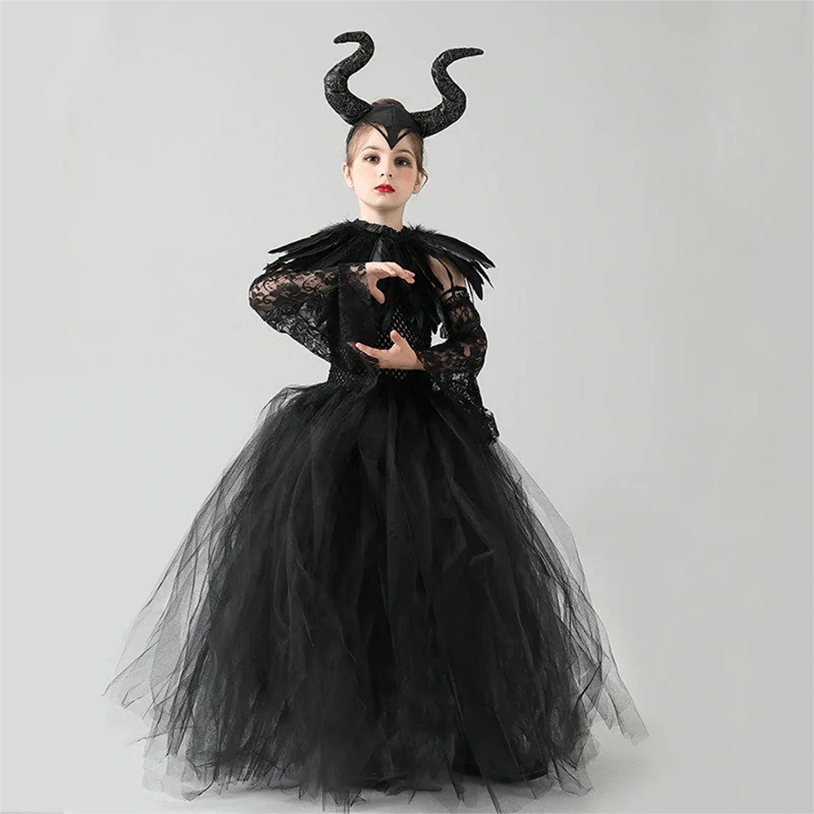 2-10Yrs Maleficent Girl Evil Queen Black Tutu Dress with Feather Scarf Halloween 2026 Villain Party Gothic Costume Gown Vestidos