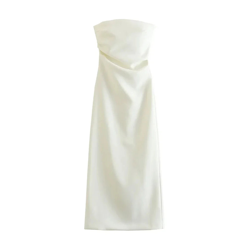 Women Fashion Strapless Gathered Midi Dress Sexy Straight Neck Back Slit Female Dresses Vestidos Mujer