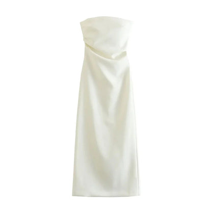 Women Fashion Strapless Gathered Midi Dress Sexy Straight Neck Back Slit Female Dresses Vestidos Mujer