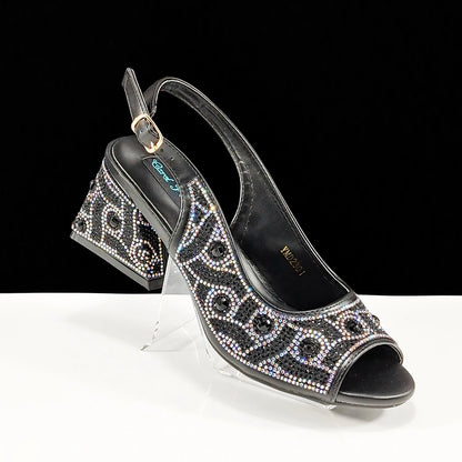 Q Rhinestone Design INS Hot Sale New Arrivals African Shoes and Bag Set in Green Color Open Toe Comfortable Women Heels