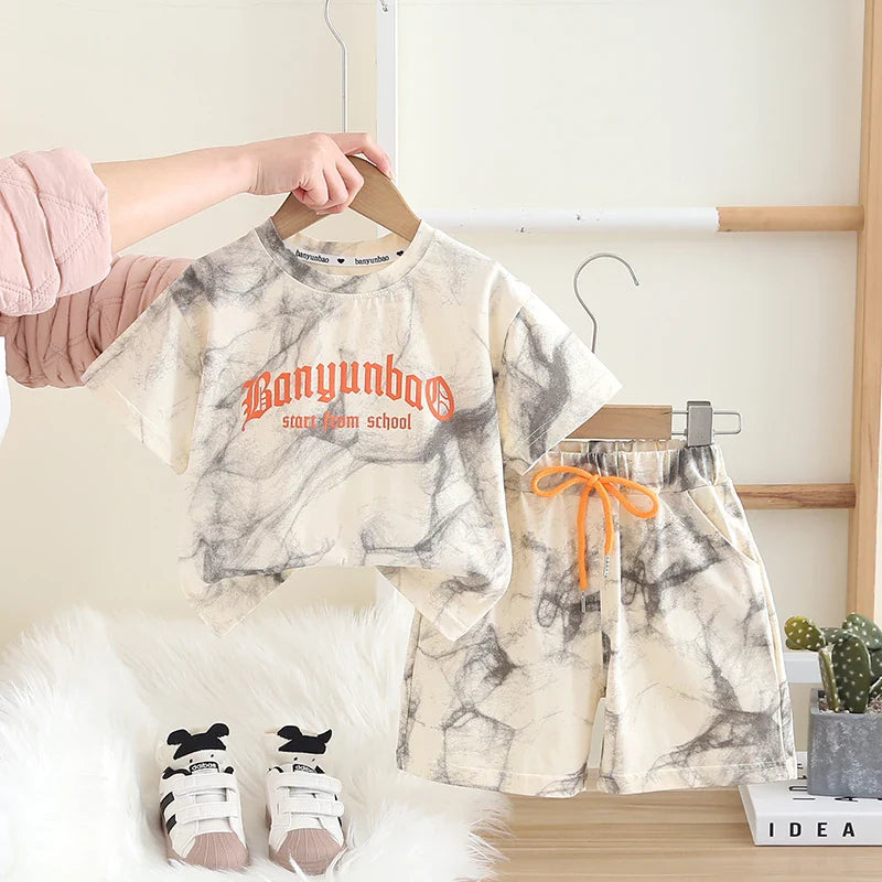 New Summer Baby Boys Girls Clothes Cotton Short Sleeve Printe Sports T Shirt Shorts Children Clothing Tracksuits Set 0-5 Years