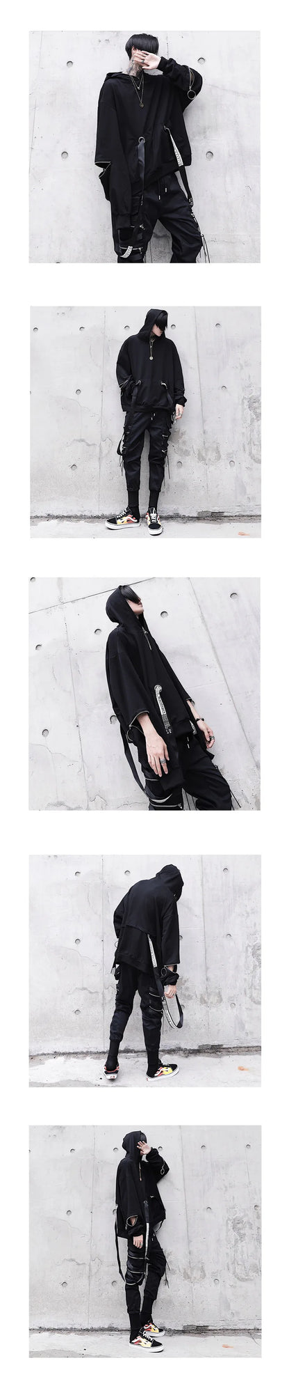New Men's Hoodies Sweatshirt Autumn Casual Techwear Hip Hop Harajuku Hoodie Men Ribbons Patchwork Japanese Streetwear Darkwear