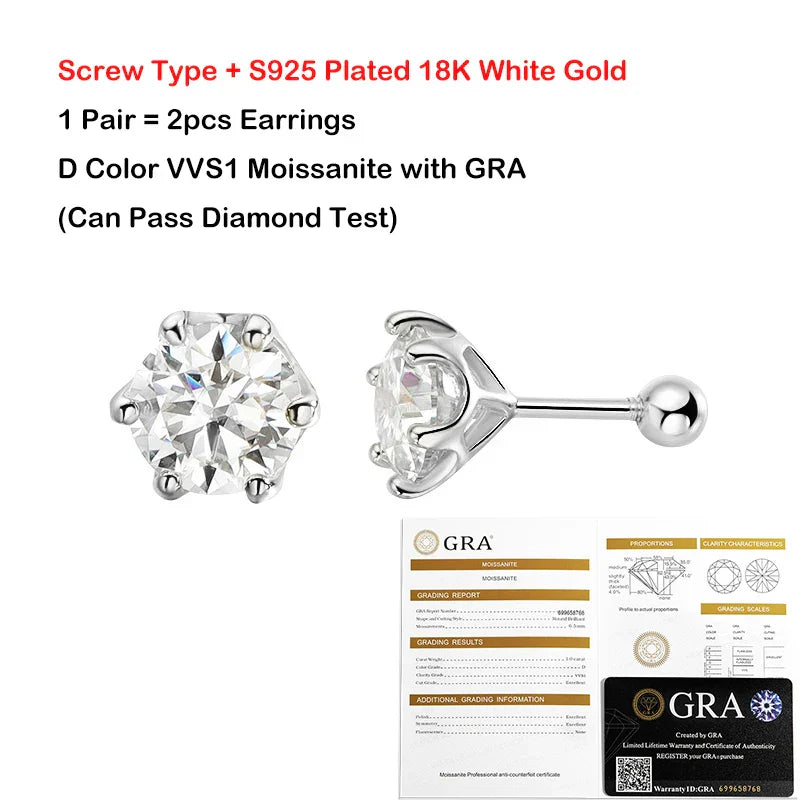 0.2/0.5/2ct D Color Moissanite Screw Stud Earrings for Women Men Silver 925 Plated 18K Pass Diamond Test 6 Prong Earring
