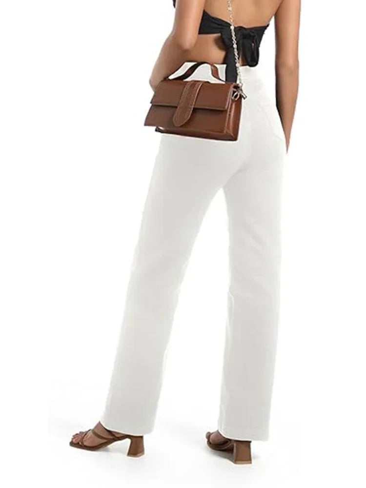 Ins Fashion Jeans Women Comfortable High Waisted White Jeans Girls Thin Stretch Denim Pants Female Straight Leg Trousers