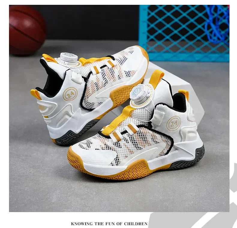 Boys Girls Quick Twist Lace Basketball Shoes Wear Resistant Comfortable Outdoor Athletic Footwear