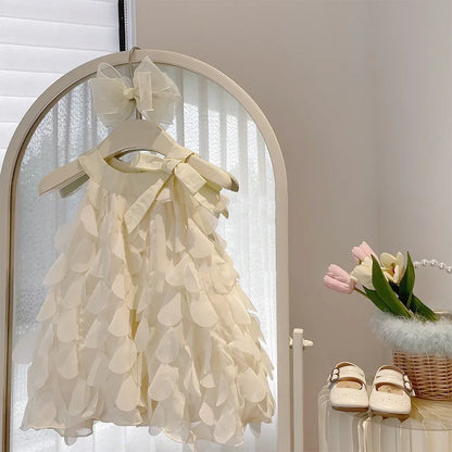 Summer New Pure White Sweet Hanging Neck Bow Petal Princess Dress Girls' Casual Clothes 2-7th Birthday Party Stage Wear