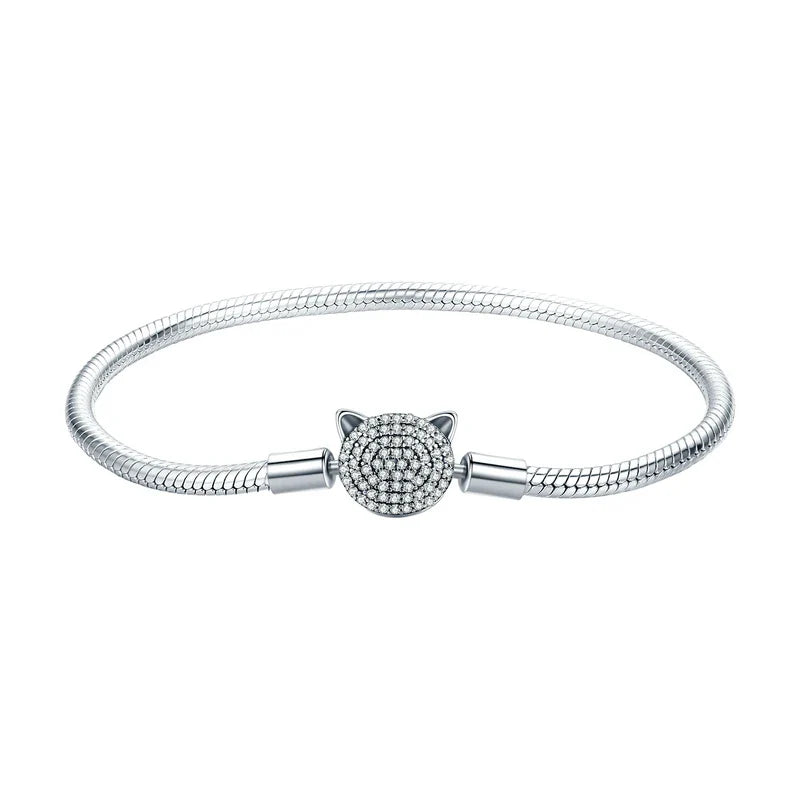 100% 925 Sterling Silver Glittering CZ Cute Cat Snake Chain Bracelet for Women Charm and Bead DIY Fine Jewelry SCB053