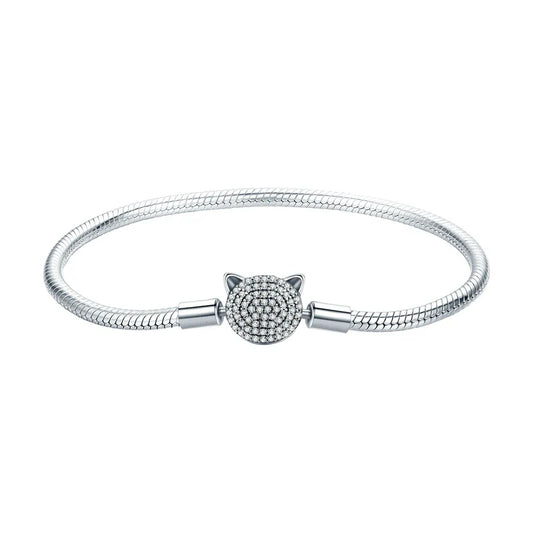 100% 925 Sterling Silver Glittering CZ Cute Cat Snake Chain Bracelet for Women Charm and Bead DIY Fine Jewelry SCB053