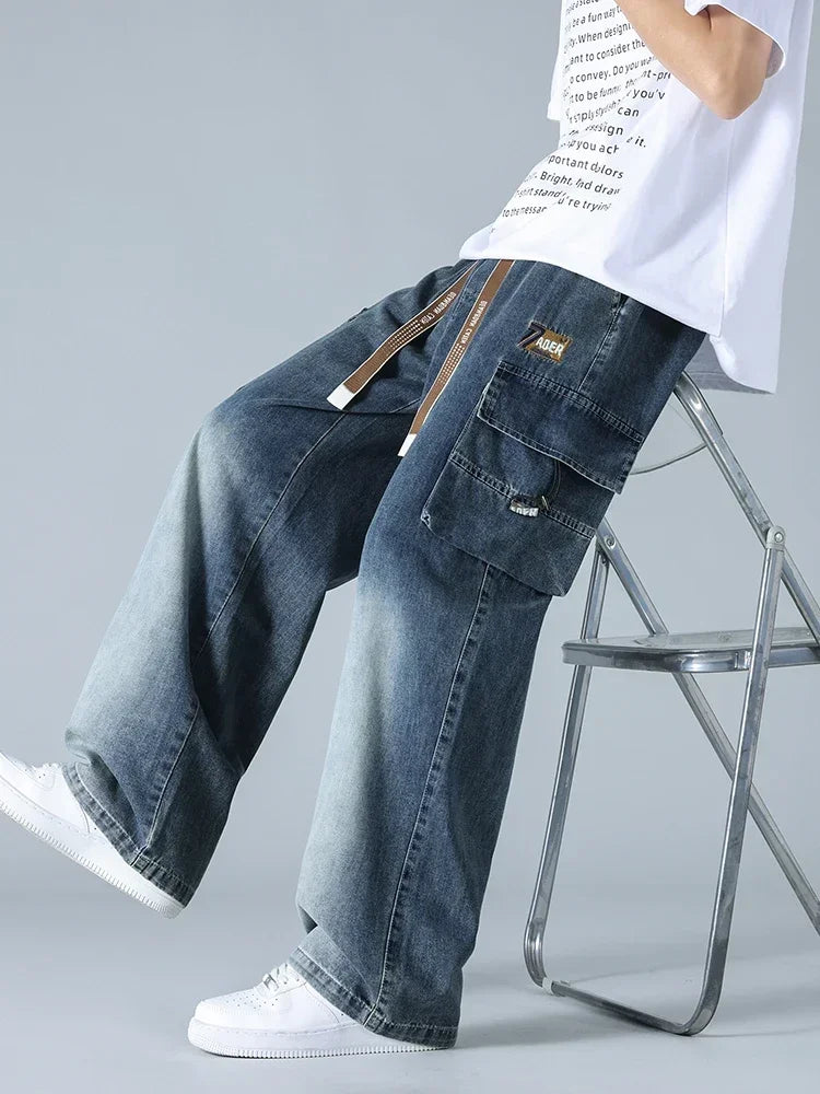 Summer Men's Straight Jeans Multi-Pockets Wide Leg Denim Cargo Pants 8XL 7XL 6XL Big Size Lightweight Baggy Solid Jeans Trousers