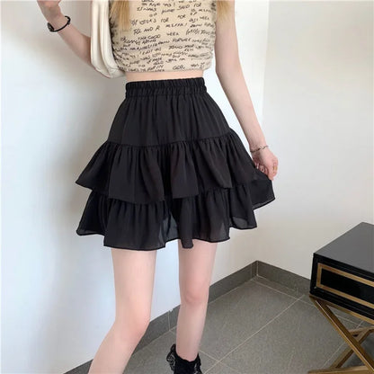 High Waist Layered Splice Short Skirt Pure Color Iron Free Polyester Blend Summer Cake Design Sweet Half Body Skirt