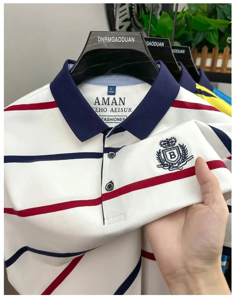 Light luxury brand short sleeve men's POLO shirt summer fashion personality striped badge top breathable ice silk casual T-shirt