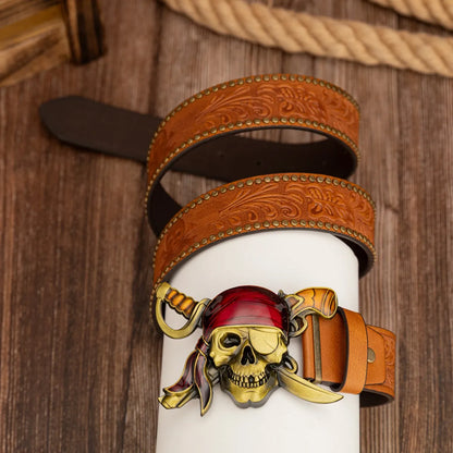 Oil-dripping Pirate Blindfolded skull buckle, retro and fashionable skull PU embossed rivet belt, unisex belt