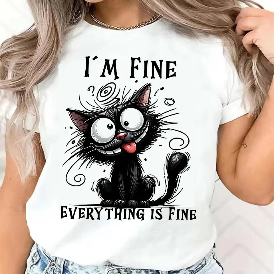 I'm Fine Everything Is Fine Sarcastic Cat  Short Sleeve T-Shirt Graphic Print Women T-Shirt Clothing Women's Top Tee
