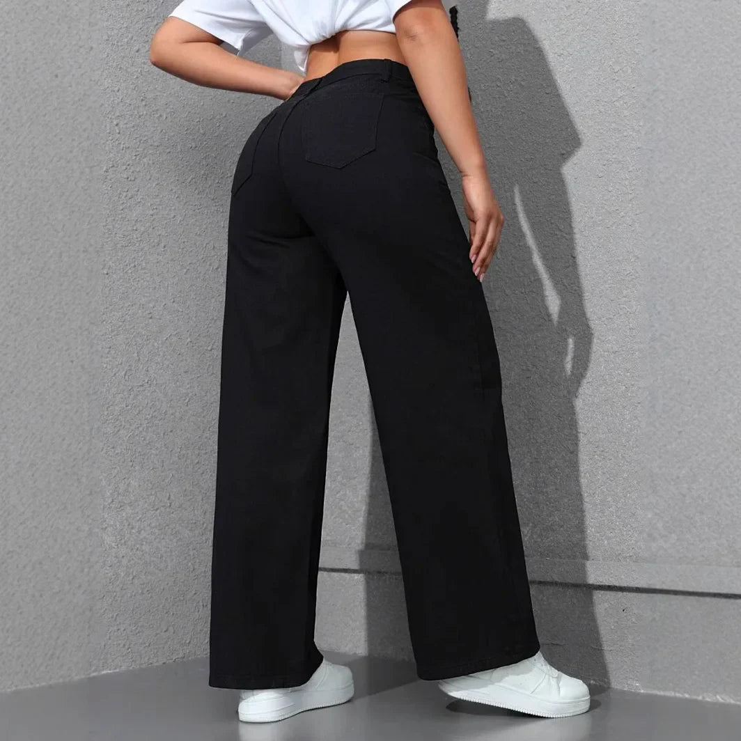Women Streetwear Jeans Washed Distressed High Waist Straight Trousers