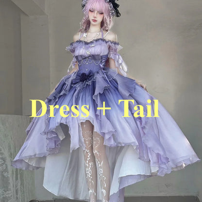 Original Lolita Trailing Puffy Dress Women Short Front Long Back Princess Blue Flower Wedding Dress Elegant Off Shoulder