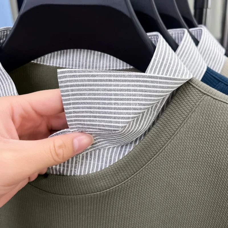 High End Brand Men's Striped Lapel Fake Two Piece Polo Shirt Designer Autumn Winter Fashion Business Simple Versatile Men's Wear