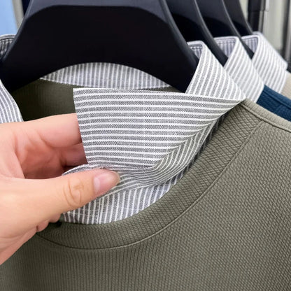 High End Brand Men's Striped Lapel Fake Two Piece Polo Shirt Designer Autumn Winter Fashion Business Simple Versatile Men's Wear
