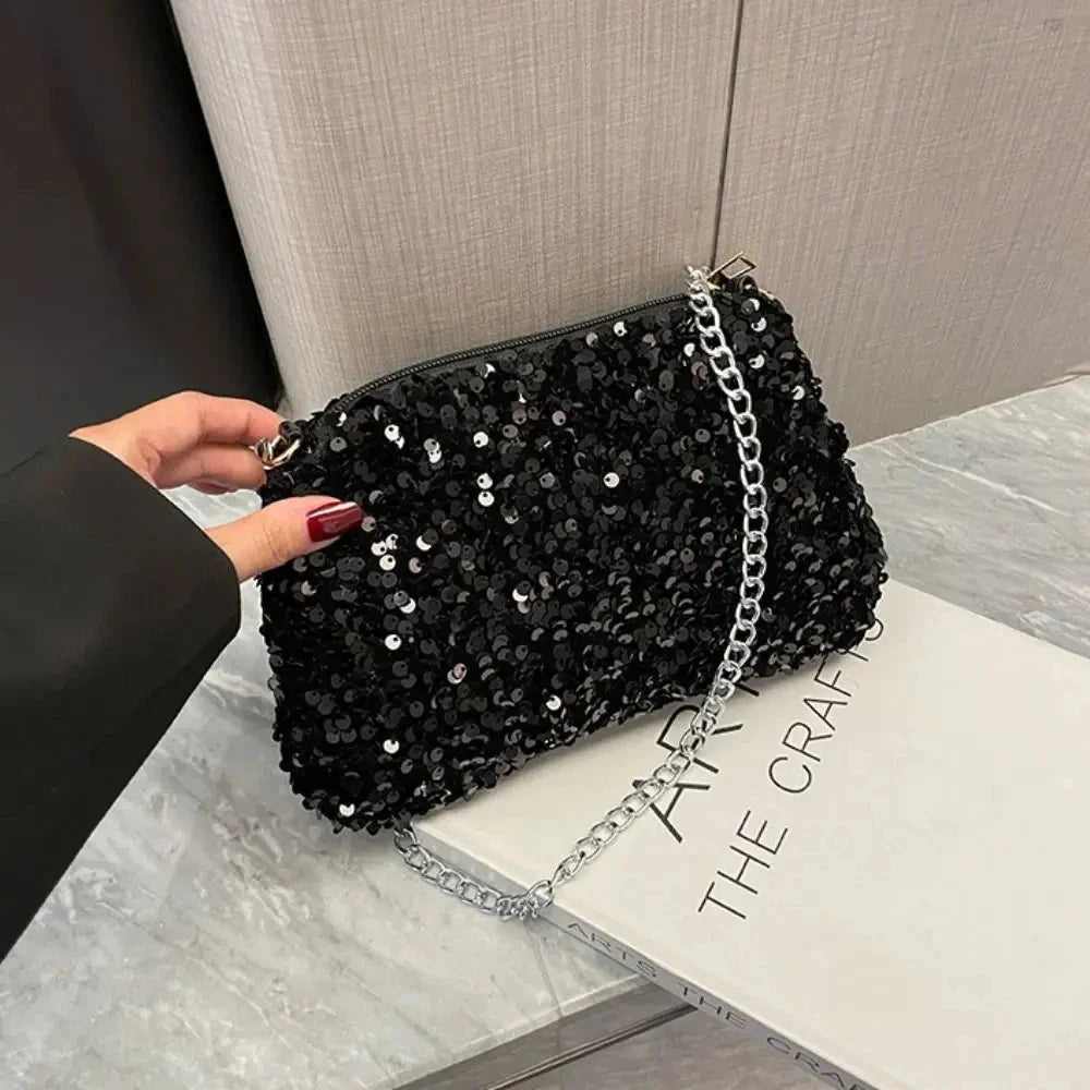 Solid Color Sequins Crossbody Bag Simple Chain INS Small Square Bag Handbag Underarm Bag Evening Clutch Bag Female