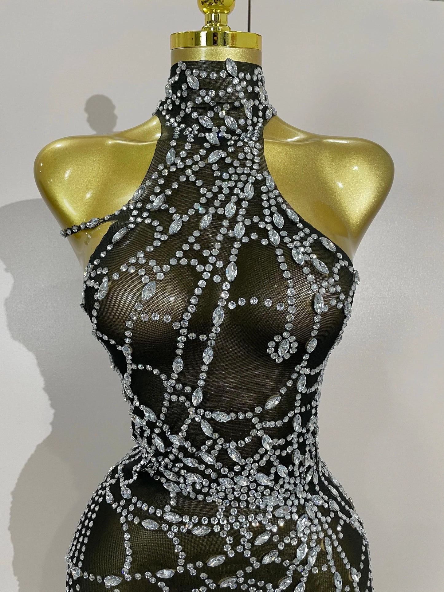 Sparkly Diamond Sexy Mesh Asymmetric Bodycon Mini Dress Women Nightclub Bar Party Show Gogo Dancer Clothing Stage Costume