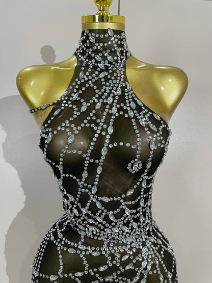 Sparkly Diamond Sexy Mesh Asymmetric Bodycon Mini Dress Women Nightclub Bar Party Show Gogo Dancer Clothing Stage Costume