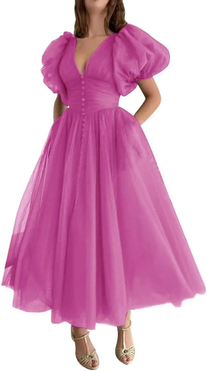 Puffy Sleeve Prom Dresses for Women Dotted Tulle V Neck Formal Evening Party Gowns Tea Length Formal Dress Women Elegant