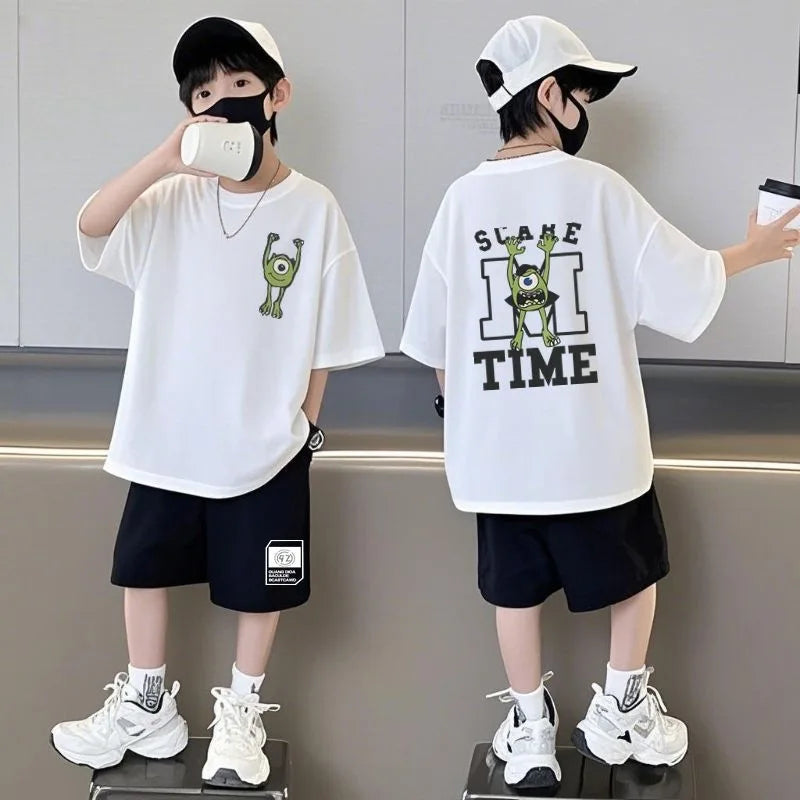 Summer Kids Boys T-Shirt+Shorts 2-Piece Set Printing Children Teen Loose Comfortable Sports Casual Clothes 7-17 Years Old